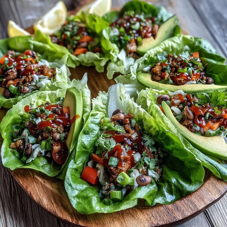 These easy Black-Eyed Pea Lettuce Wraps feature seasoned legumes, diced vegetables, and creamy avocado slices ready to be folded into romaine.