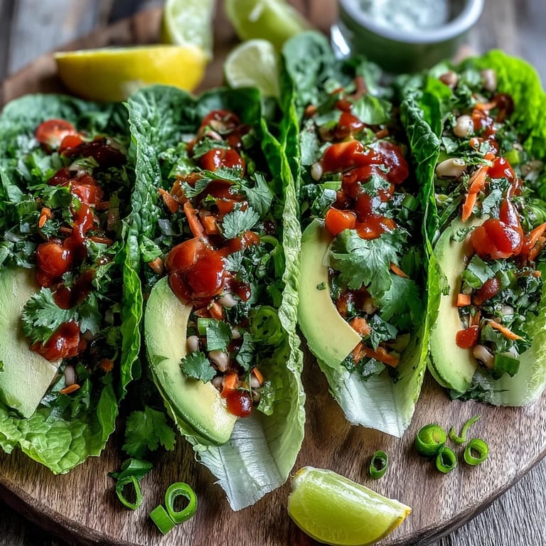 A close-up view of Black-Eyed Pea Lettuce Wraps showcases a vibrant mixture of peas, tomatoes, and green onions in fresh lettuce cups.