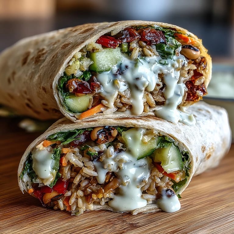 A close look at a sliced black-eyed pea wrap revealing layers of brown rice, crunchy veggies, and rich tahini.