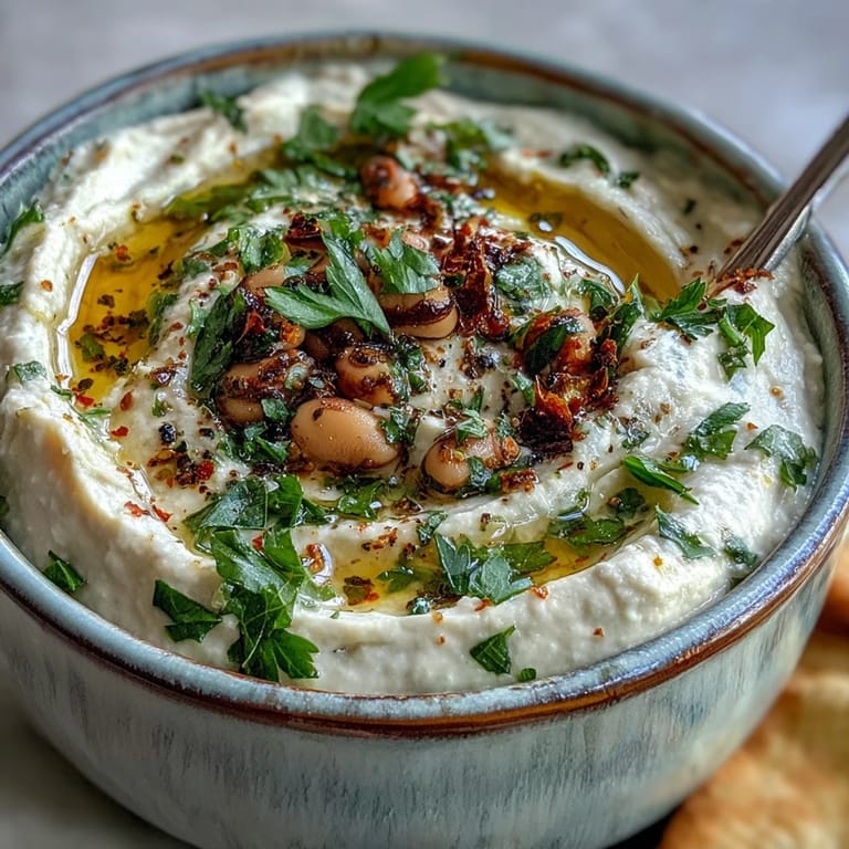 Bowl of creamy Smashed Black-Eyed Peas with lemon and garlic, served warm as a hearty side dish.