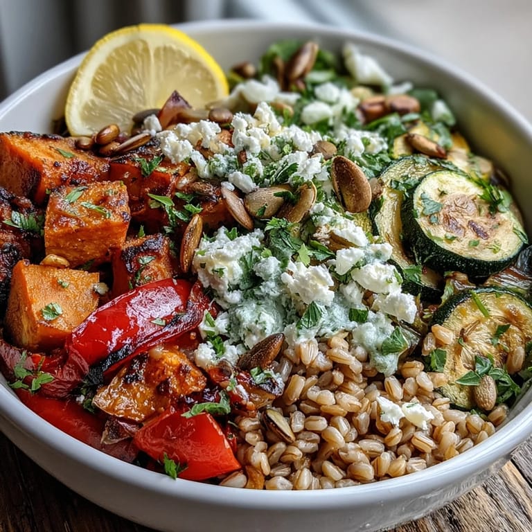 A hearty Black-Eyed Pea Grain Bowl with bright herbs, crumbled feta, and toasted pumpkin seeds.