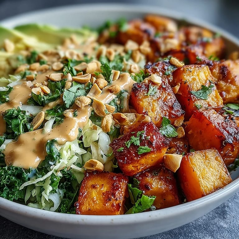 Colorful Thai Peanut Sweet Potato Buddha Bowl with roasted sweet potatoes, crisp veggies, and avocado slices.