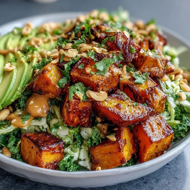 Assembled Thai Peanut Sweet Potato Buddha Bowl ready to serve, topped with crunchy peanuts and sesame seeds.