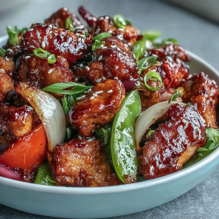 Wok-seared Spicy Sweet Chicken Diablo coated in a sticky, sweet and spicy sauce with vibrant red and yellow peppers.