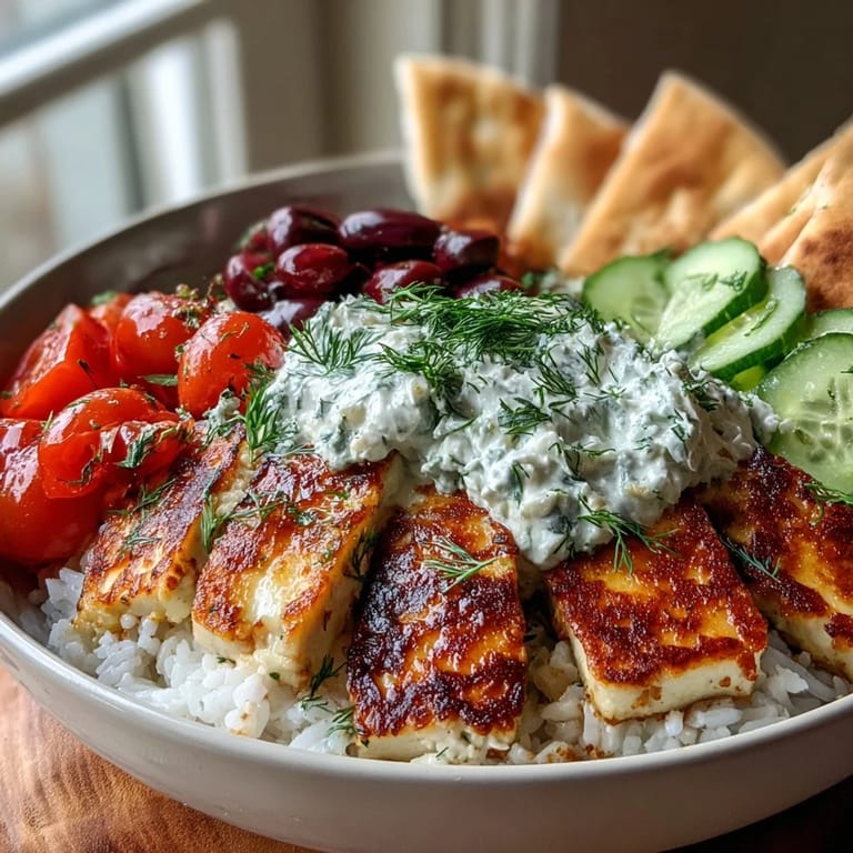 Fork-ready Greek Halloumi Power Bowl, highlighting crispy halloumi, cucumber, tomato, and dill garnish.