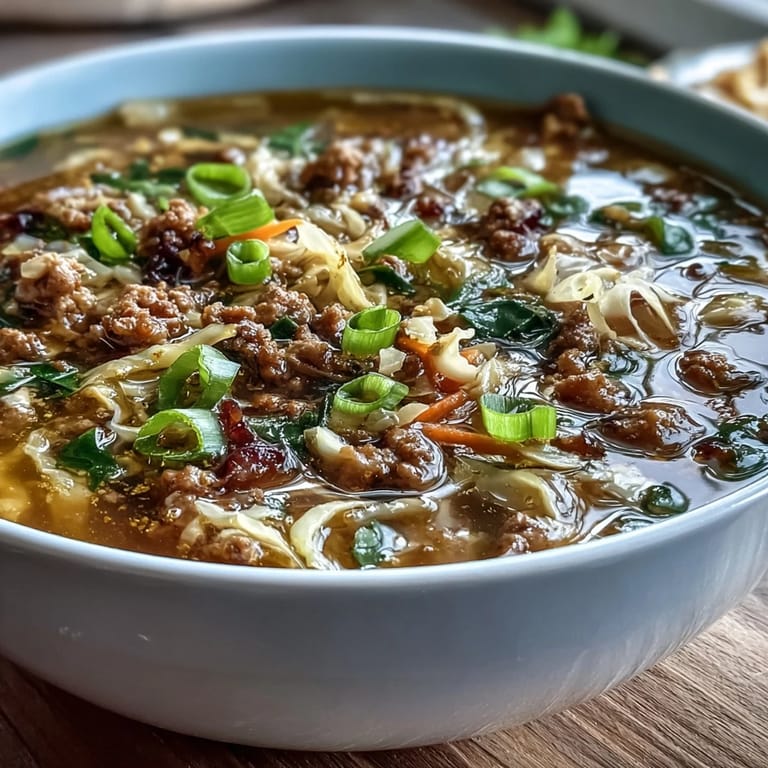 One-Pot Egg Roll Soup with Green Onions and Ginger served in a rustic bowl with steam rising.
