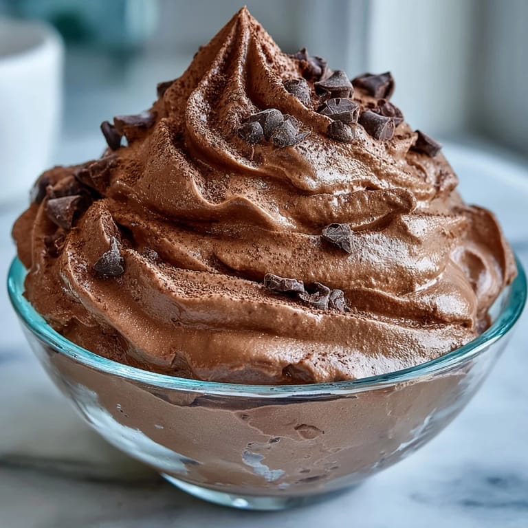 A thick, velvety bowl of chocolate Protein Fluff garnished with chocolate chips, perfect for a satisfying post-workout dessert treat.