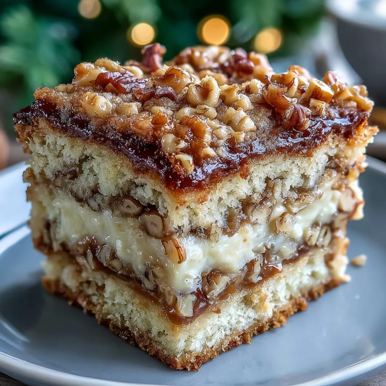 Close-up of a moist slice of Christmas Toffee Crunch Cake revealing rich toffee swirls and crunchy nut pieces.