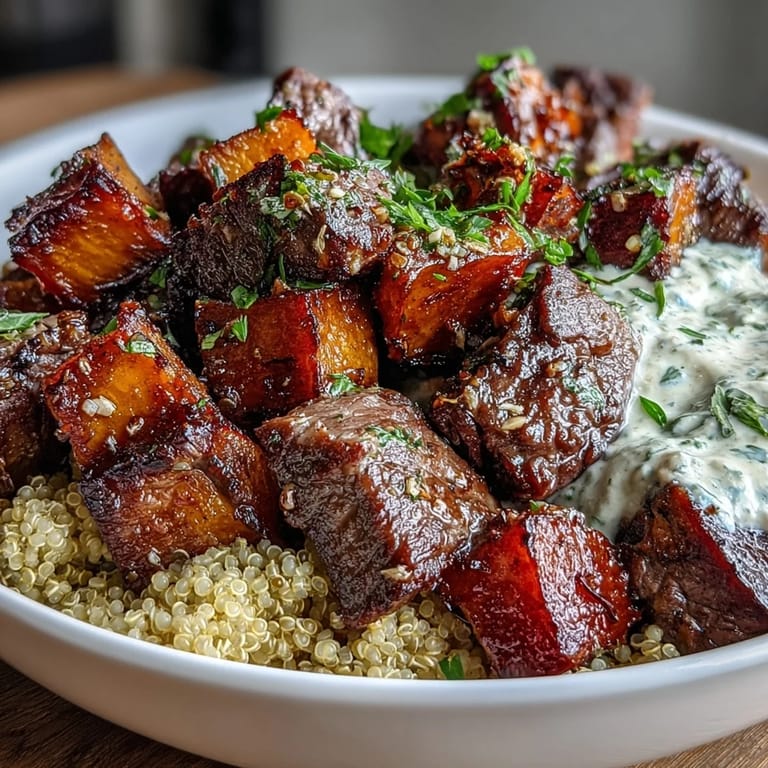 Savory Butternut Squash & Garlic Herb Steak Bowls served warm over fluffy quinoa, garnished with fresh parsley.