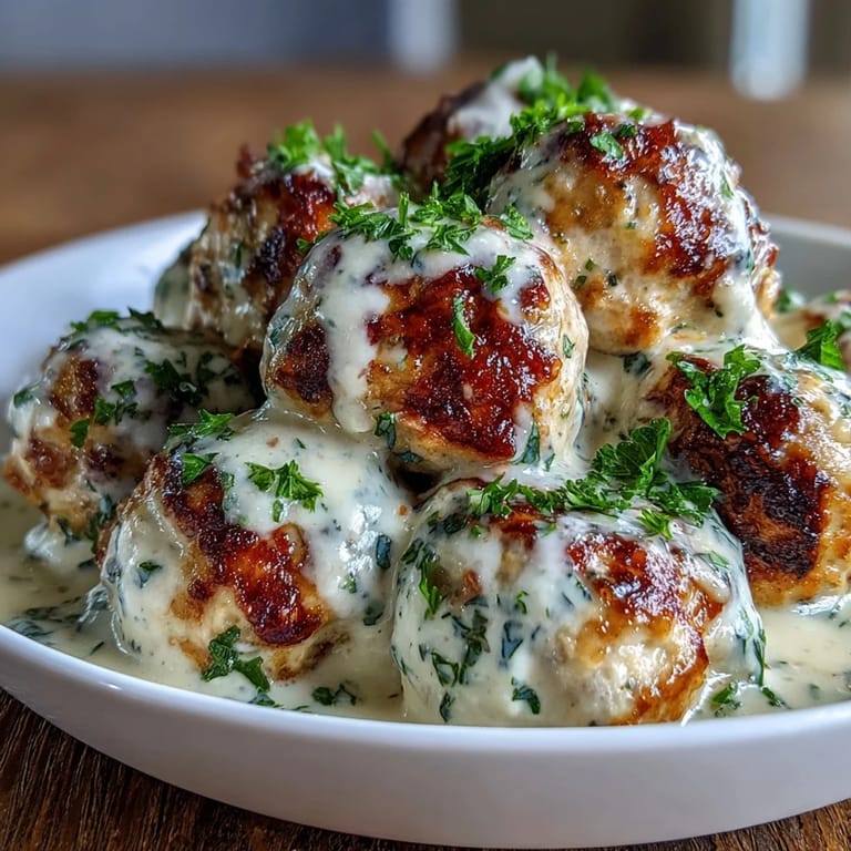 Tender, oven-baked Creamy Garlic Ranch Turkey Meatballs simmering in a rich, velvety sauce with fresh parsley.