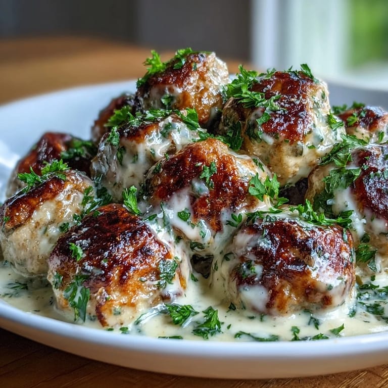 Close-up view of Creamy Garlic Ranch Turkey Meatballs in a skillet, garnished with parsley and ready to serve.