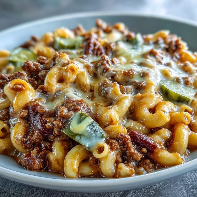 Cavatappi pasta and shredded sharp cheddar cheese melting into a creamy One-Pan Cheeseburger Chili Mac skillet meal.