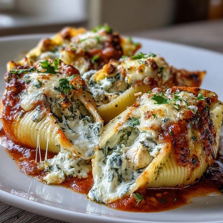 Five cheese stuffed Pesto Chicken Stuffed Shells Lite in marinara sauce on a rustic wooden table.