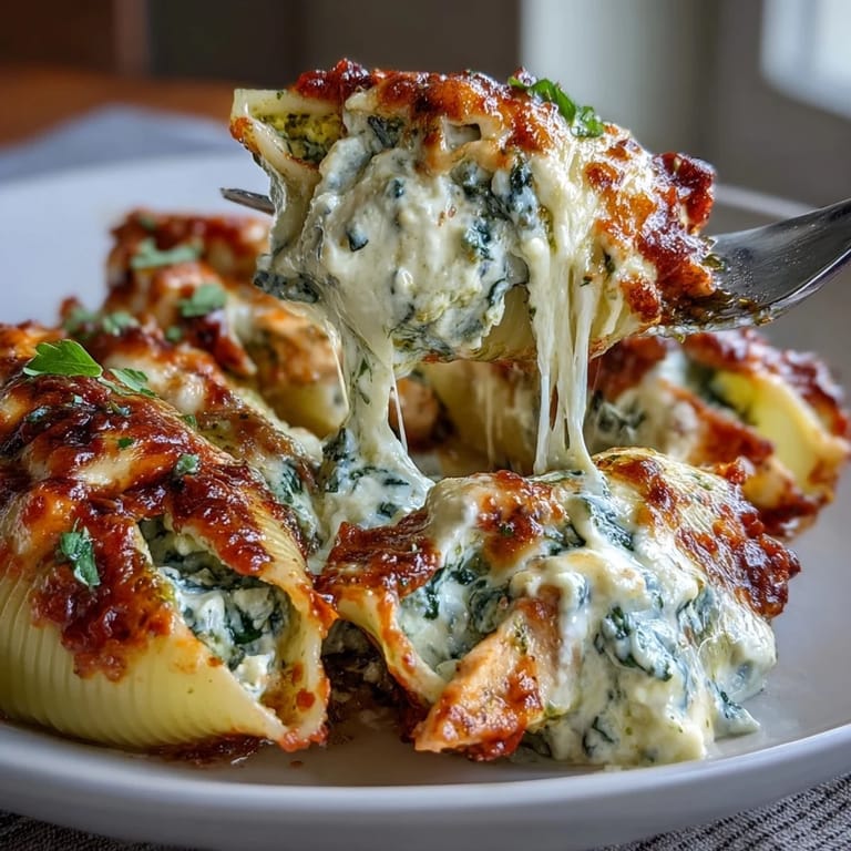 Close-up of a spoon scooping into creamy Pesto Chicken Stuffed Shells Lite revealing spinach filling.