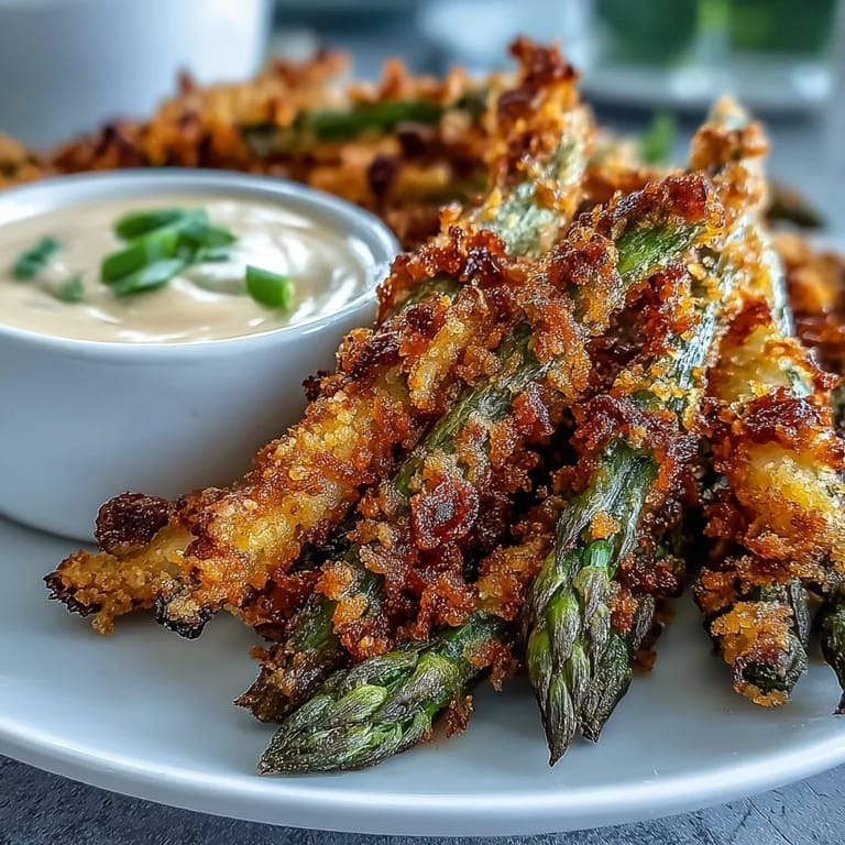 Breaded asparagus spears with chili-garlic seasoning are served hot and crispy, perfect for dipping into creamy sriracha mayo.