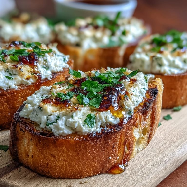 Freshly baked Hot Honey Ricotta Garlic Bread on a wooden board features melted ricotta, herbs, and a glossy hot honey drizzle.