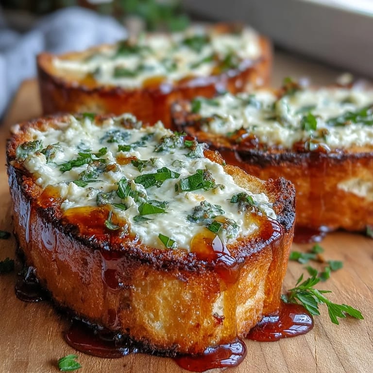 Close-up of Hot Honey Ricotta Garlic Bread reveals bubbly golden cheese and a spicy-sweet honey glaze over crisp French bread.