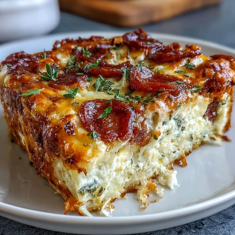 A hearty slice of High-Protein Breakfast Casserole shows fluffy eggs and melty mozzarella on the Greek yogurt crust.