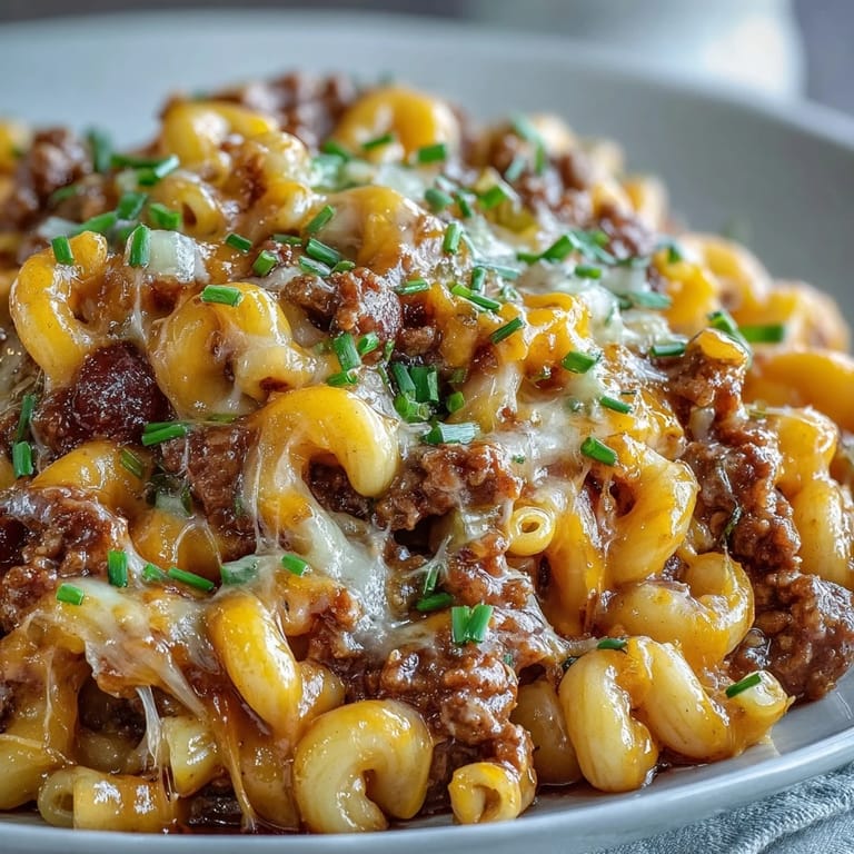 Close-up of One-Pan Cheeseburger Chili Mac, golden cheddar melting over elbow pasta, ground beef, and onions, ready to serve hot.