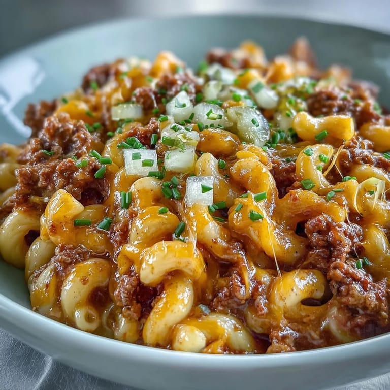 Cheesy One-Pan Cheeseburger Chili Mac served in a bowl, topped with fresh chives and tangy dill pickles for a classic burger vibe.