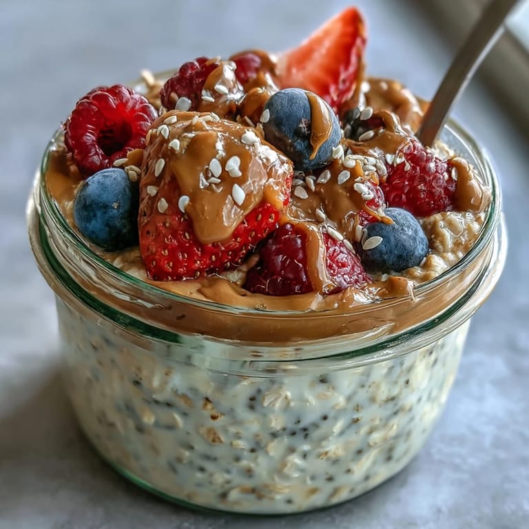 A wholesome jar of Clean Eating Berry Overnight Oats with Almond Butter Swirl, garnished with fresh fruit and seeds for added texture.
