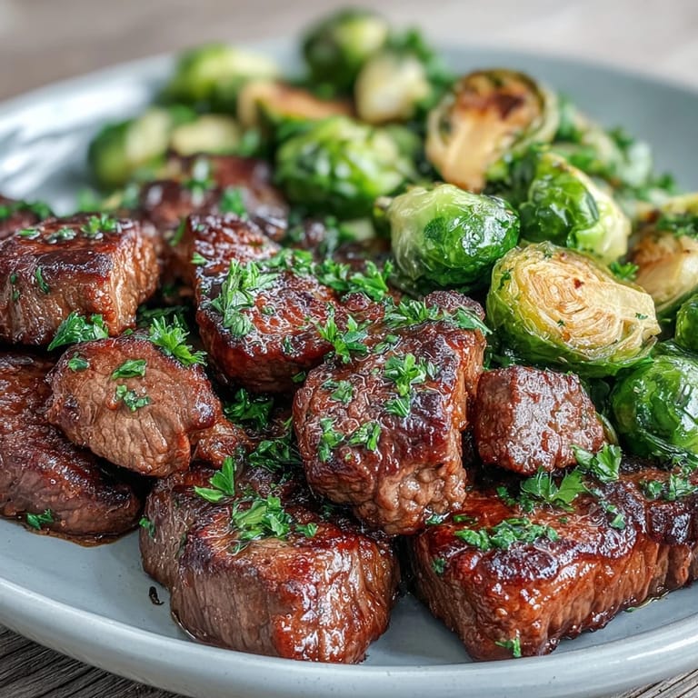Sizzling steak bites coated in lemon garlic butter, paired with golden roasted Brussels sprouts for dinner.