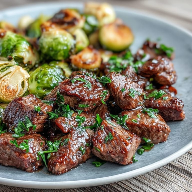 Fresh parsley garnishes a serving of Keto Lemon Garlic Butter Steak Bites and crispy Brussels sprouts.