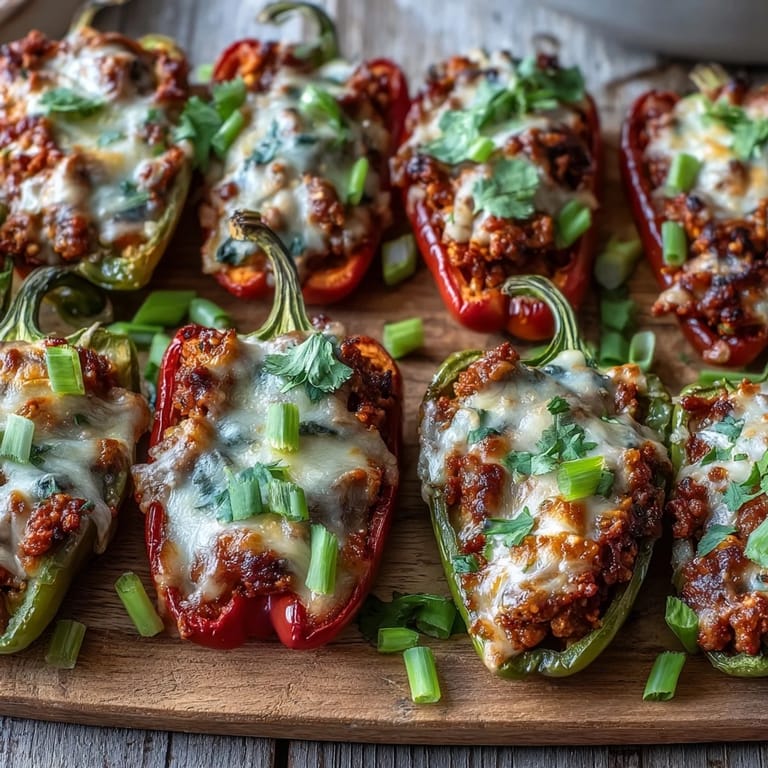 Melted cheese blankets tender sweet peppers filled with Korean-inspired turkey, ready to serve with steamed rice for dinner.
