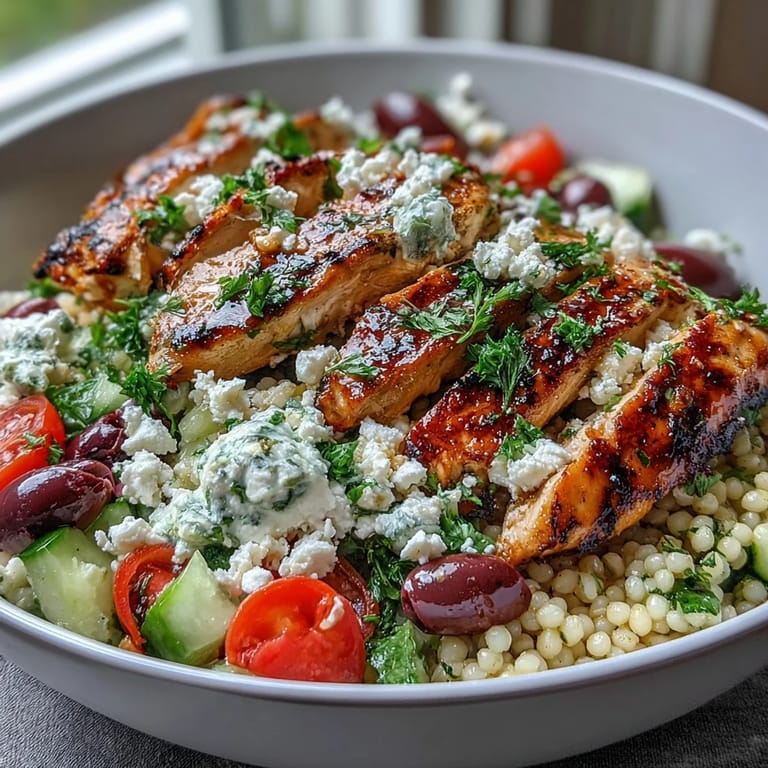A fork holds a bite of Mediterranean Pearl Couscous Chicken Bowls, showcasing cucumbers, tomatoes, and Kalamata olives.