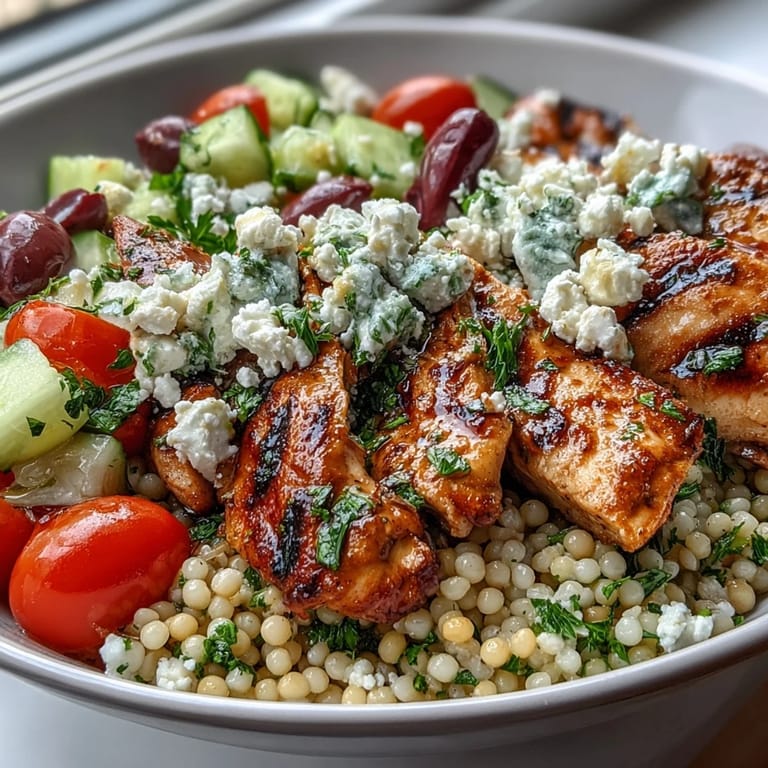 Plated Mediterranean Pearl Couscous Chicken Bowls topped with golden grilled chicken, feta crumbles, and vibrant fresh parsley garnish.