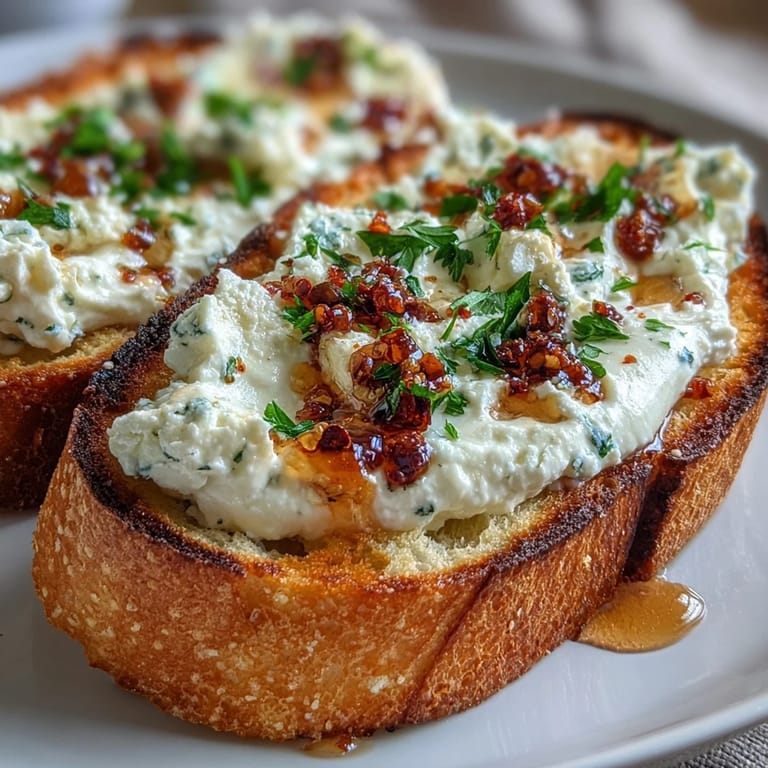 A close-up of Hot Honey Ricotta Garlic Bread with toasted edges and fresh parsley garnish, served warm on a plate.