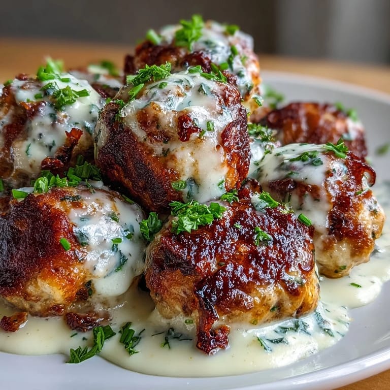 Oven-baked turkey meatballs coated in velvety garlic cream sauce, perfect for a comforting dinner or appetizer.  