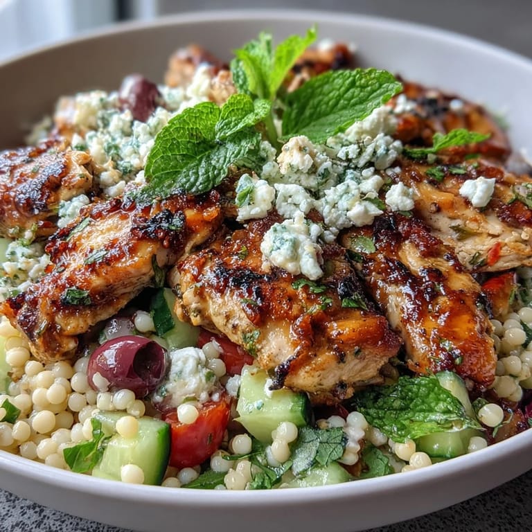 Fresh Mediterranean pearl couscous salad with colorful veggies, Kalamata olives, and grilled chicken strips in lemon dressing.