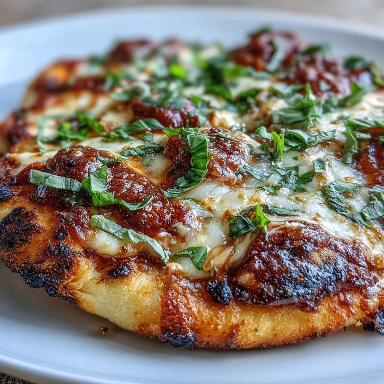 Quick Garlic Naan Margherita Pizzas featuring gooey cheese, zesty marinara, and fresh herbs on golden, crisp naan bread.