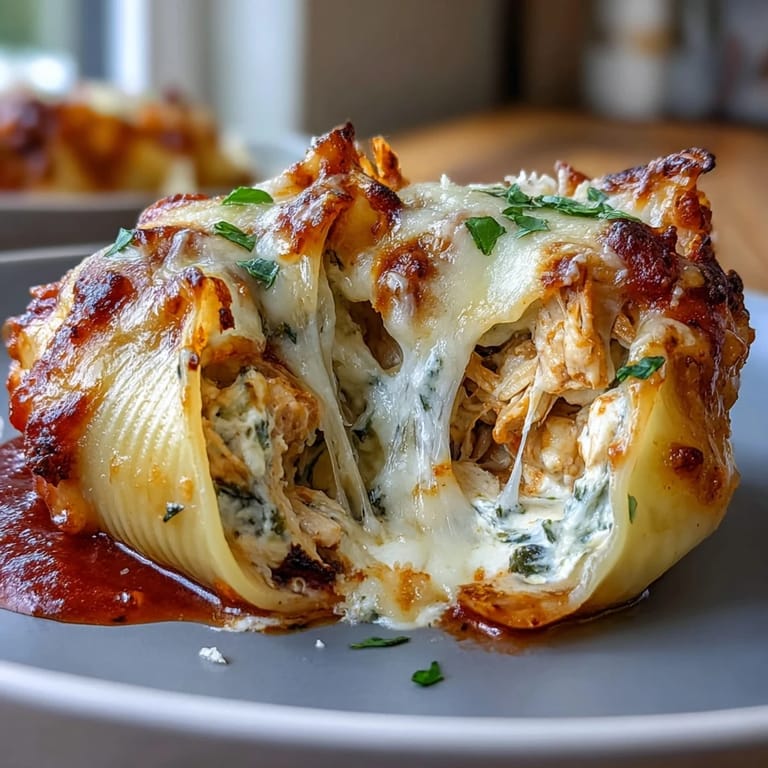 Golden baked jumbo shells stuffed with pesto chicken and topped with marinara sauce.