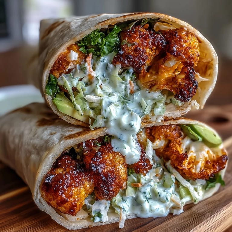 Spicy baked cauliflower florets tossed in tangy buffalo sauce, layered with crunchy cabbage slaw in a hearty vegan wrap.  