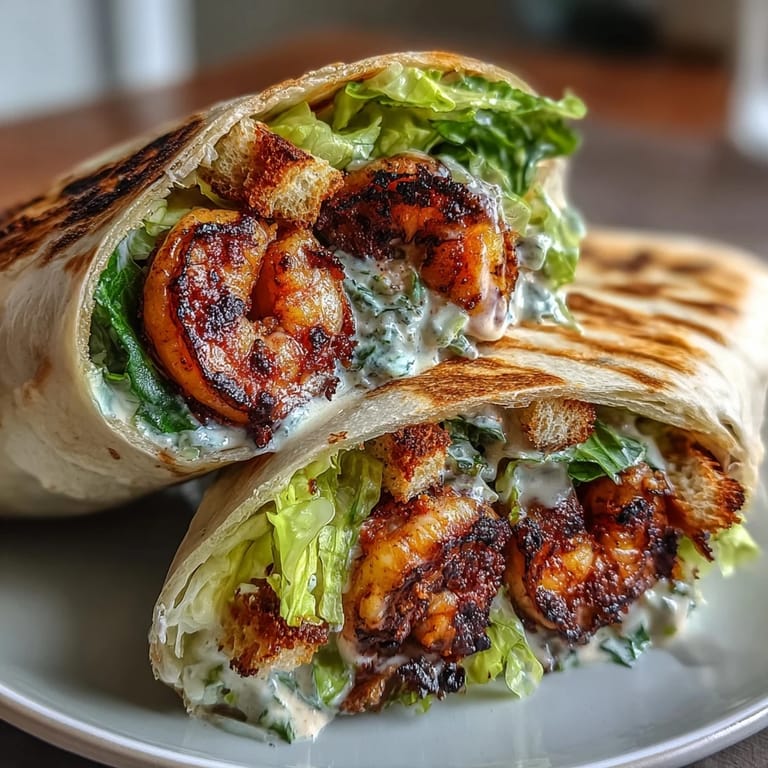 Juicy grilled shrimp Caesar wraps with romaine, croutons, and creamy dressing for a satisfying meal.