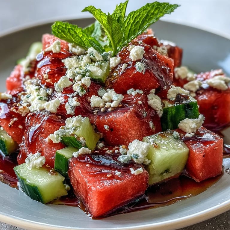 Refreshing Mediterranean watermelon salad with crisp cucumber, tangy feta, and sweet balsamic drizzle.  