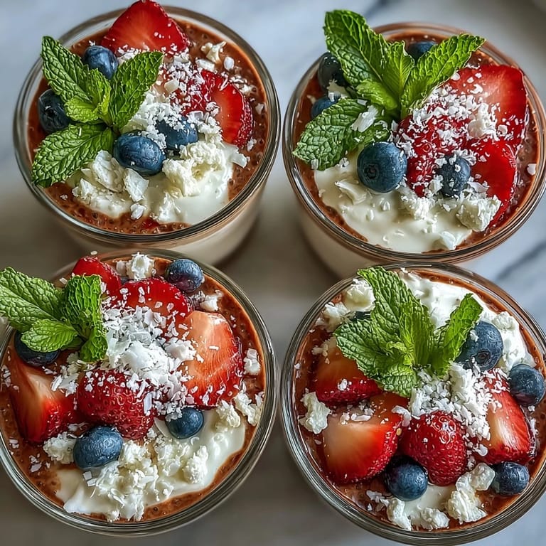 Creamy vanilla chia pudding topped with a colorful mix of summer berries, ideal for a refreshing vegan snack.  