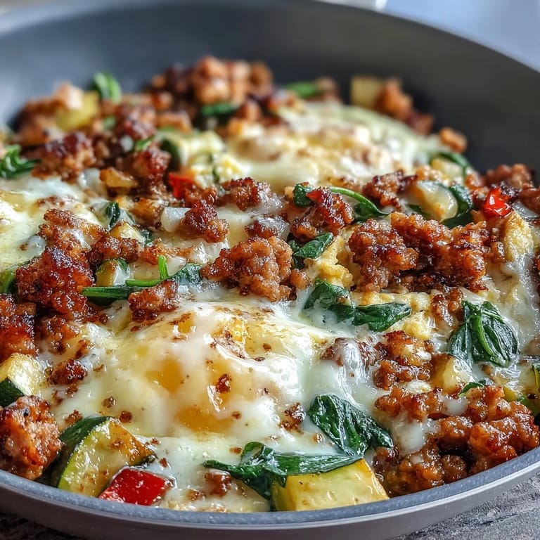 Savory pork sausage, zucchini, and spinach blend with creamy scrambled eggs in this hearty keto-friendly breakfast perfect for busy mornings.