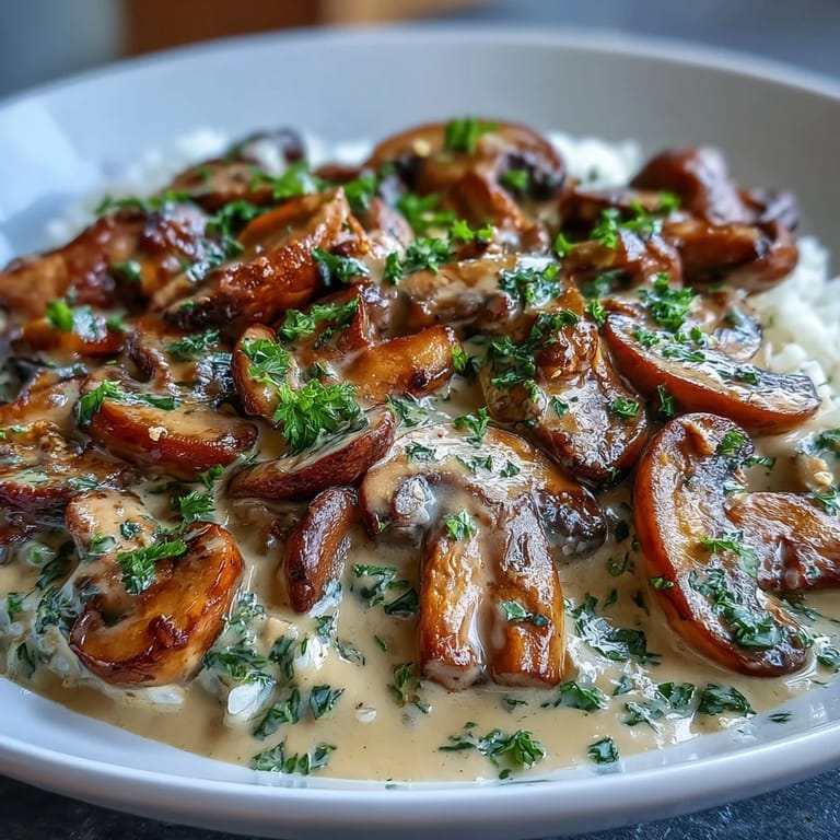 Hearty mushroom stroganoff with smoky paprika and coconut milk, spooned over wholesome brown rice.  