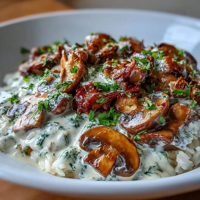 Savory vegan stroganoff featuring tender mushrooms in a silky sauce atop nutty brown rice.