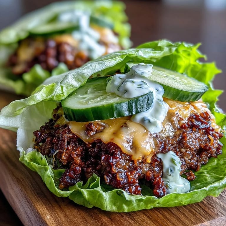 Crispy lettuce leaves cradle savory cheeseburger patties, gooey cheddar, fresh toppings, and a flavorful secret sauce in this easy, keto-approved recipe.