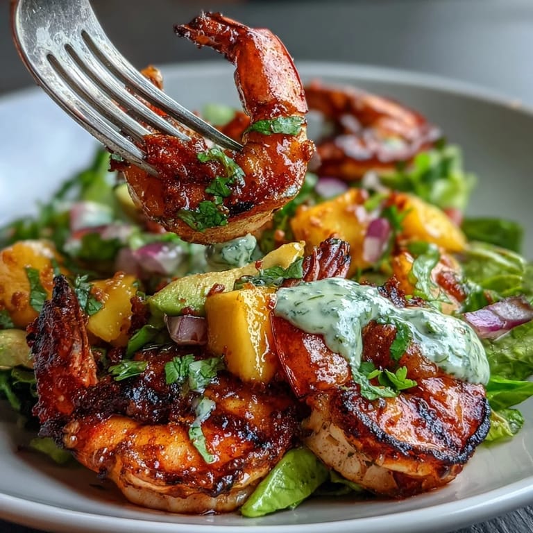 Refreshing summer salad with grilled shrimp, diced mango, avocado, and mixed greens, tossed in zesty chili-lime vinaigrette for a light meal.  