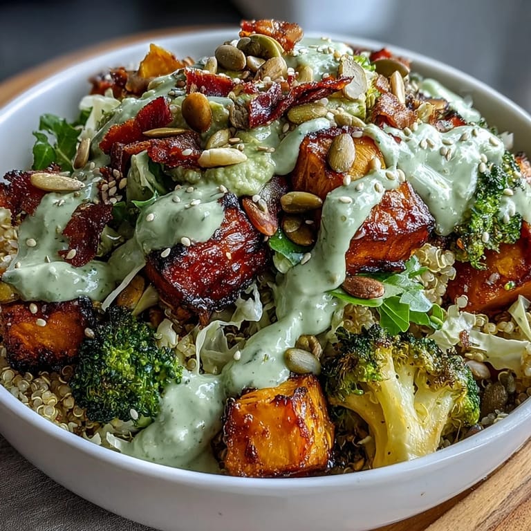Wholesome plant-based meal featuring quinoa, roasted seasonal veggies, and a vibrant herby avocado dressing, perfect for healthy eating.  