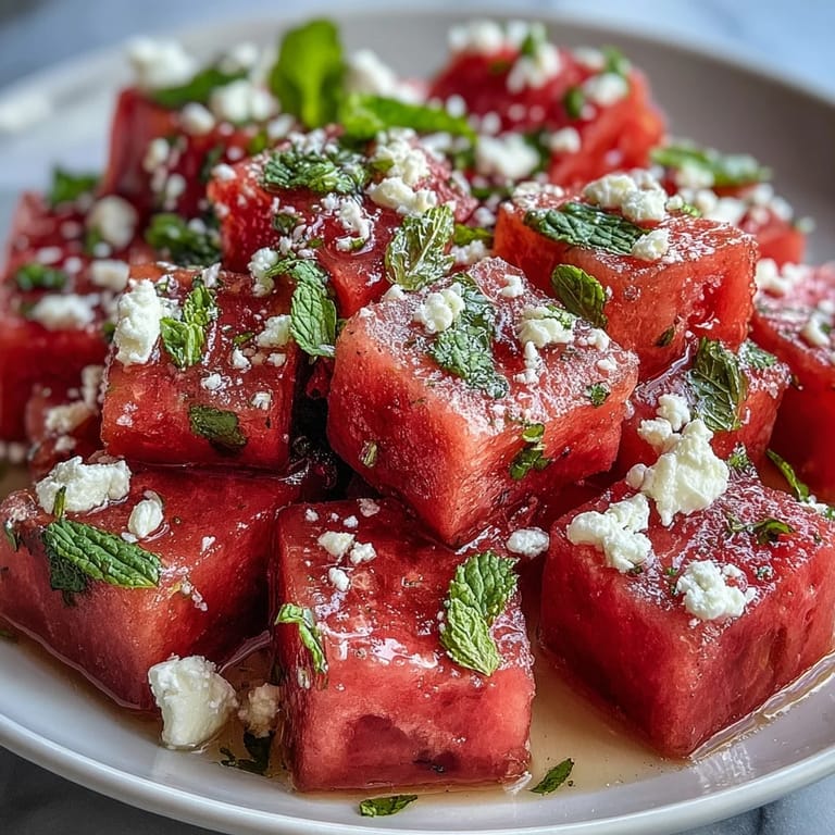 Colorful 5-ingredient watermelon feta mint salad served in a white bowl, showcasing bright red fruit, crumbled cheese, and fresh herb garnish.