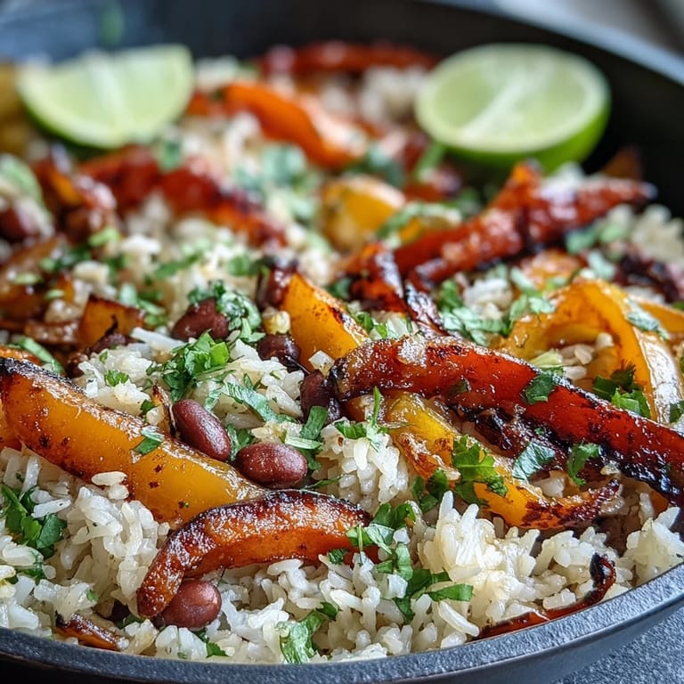 Smoky, spiced one-pan vegan fajita rice skillet loaded with bell peppers, black beans, and fresh garnishes.