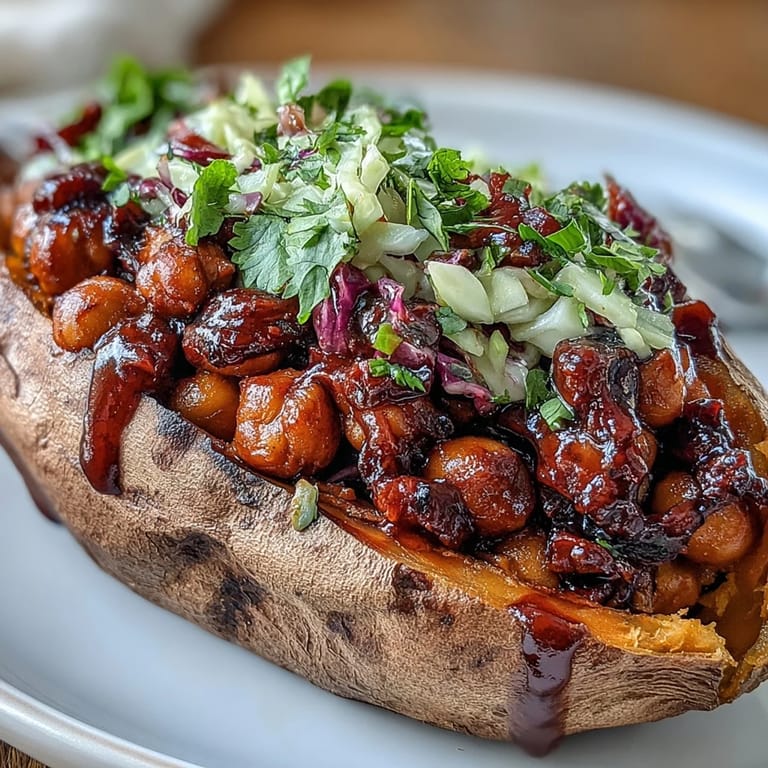 Golden baked sweet potatoes overflowing with rich, saucy BBQ chickpeas and fresh cilantro slaw, perfect for a hearty plant-based dinner.
