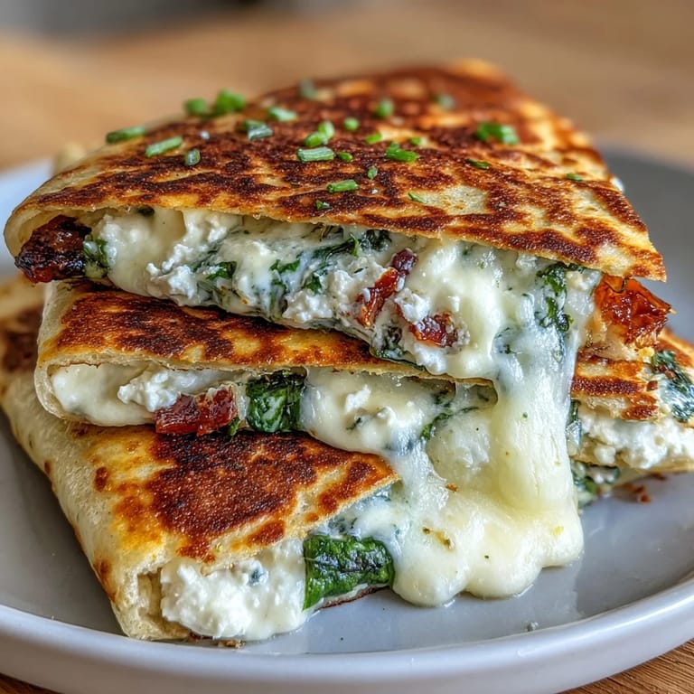 Flavorful Mediterranean quesadilla with wilted spinach, rich feta cheese, and aromatic basil, served golden-brown and ready to slice.