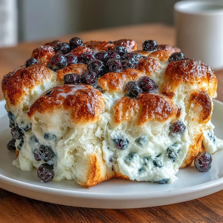 A low-carb, high-protein breakfast treat featuring creamy cottage cheese and fresh blueberries in a soft, cloud-like bread.